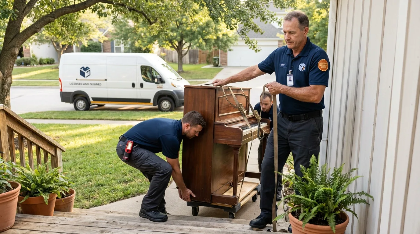 Licensed piano movers securing grand piano in Dexter, MI