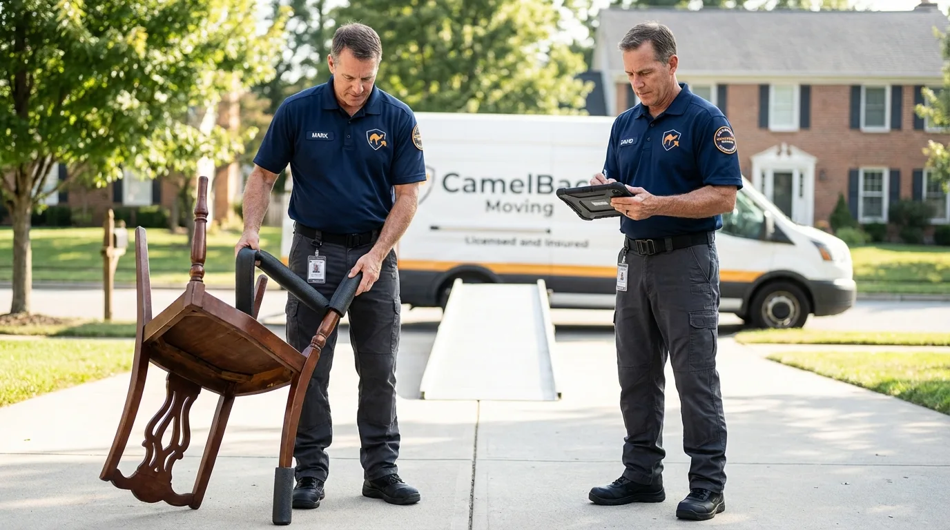Movers inspecting furniture for damage prevention before loading in Dexter, MI