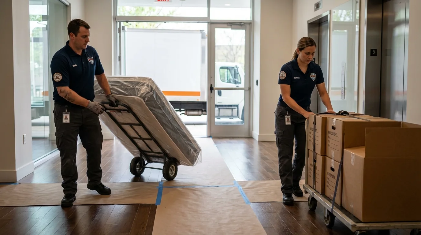 Professional apartment movers loading elevator in Dexter, MI